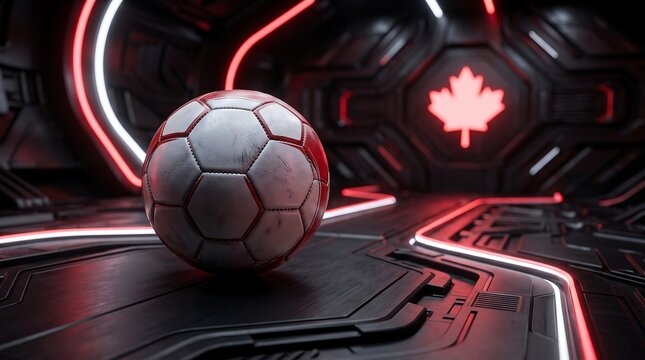 Soccer ball on a futuristic dark metallic floor with glowing red neon lights and leaf symbol