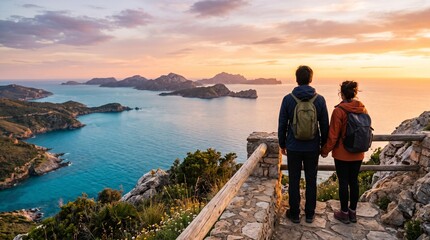 Fototapeta premium Anonymous Couple Travelers Overlooking Tropical Ocean at Sunset with Large Copy Space for Romantic Tourism Vacation Adventure and Holiday Advertising