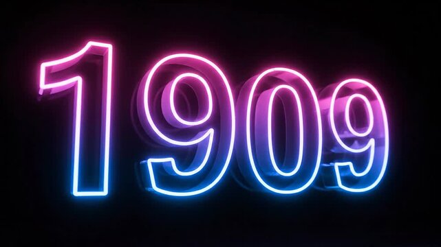 Glowing neon number 1909 in pink and blue light on a dark background for historical anniversary celebration.