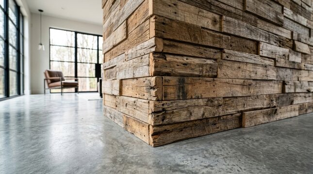 Modern living room interior with rustic reclaimed wood accent wall and polished concrete flooring.