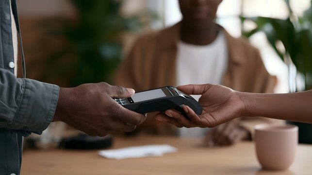 A person holds a card reader while another person taps their phone to pay for an item at a wooden table