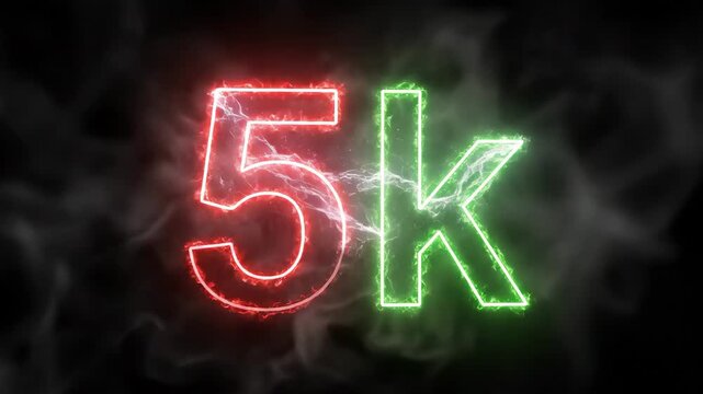 Glowing neon 5k milestone text with energy effects for social media follower celebration.