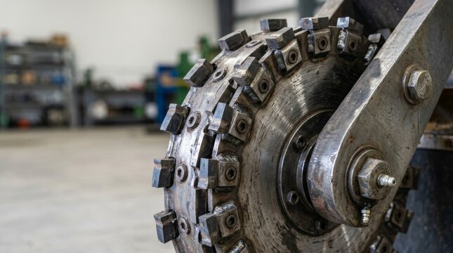 Industrial heavy machinery cutting wheel with carbide teeth in a metal workshop.