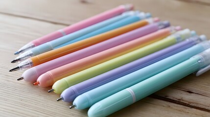 Fototapeta premium A set of pastel colored gel pens arranged diagonally on a wooden surface showcasing soft hues and clean design