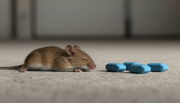 Ground level view of a small brown rodent lying on the floor next to blue rodenticide bait blocks. Concept for domestic pest control, home infestation management, and hygiene.