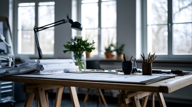A wooden drafting table holds blueprints  pens  and a lamp under bright in a minimalist workspace
