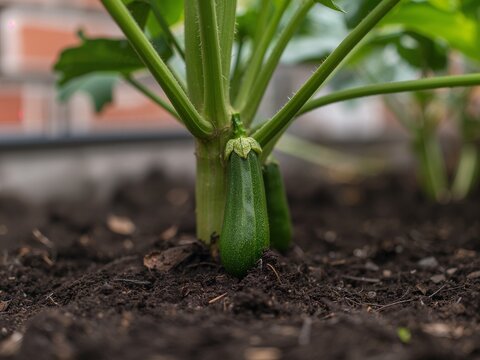 Zucchini growing in soil on organic garden plant