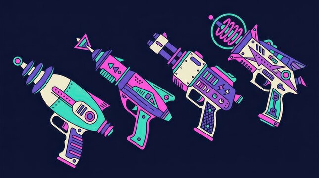 Set of Retro Futuristic Ray Guns and Sci-Fi Blasters in Neon Vaporwave Style Vector Illustration on Dark Background