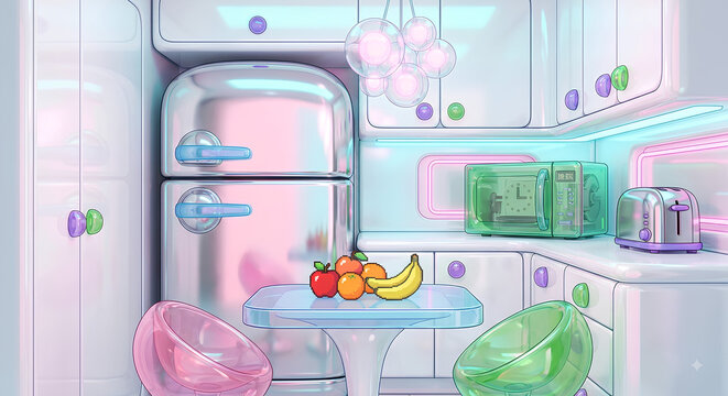 Soft pastel Y2K illustration of a futuristic kitchen interior with retro appliances, colorful furniture, glowing details, and nostalgic early-2000s design elements.