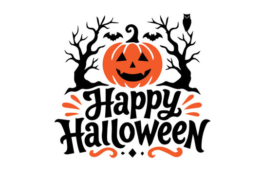 Happy Halloween Typography with Jack O Lantern, Bats and Spooky Trees