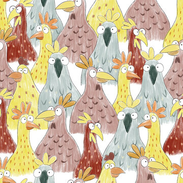 Cute seamless pattern with funny chickens. Drawing made with pencils