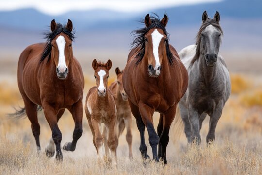 Horses running through a dry field
