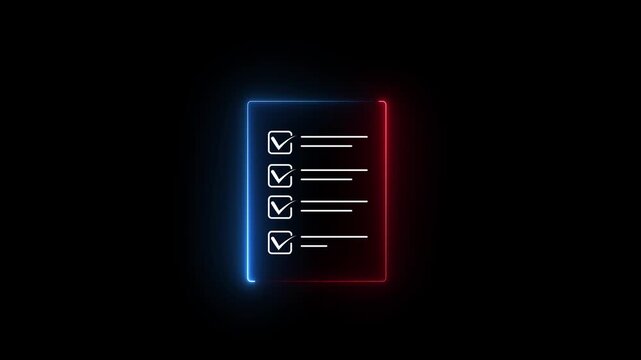 Glowing neon check list animated outline icon. Checklist line icon animation. document marking, mark icon. 4k motion video.