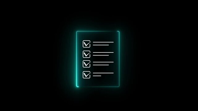 Glowing neon check list animated outline icon. Checklist line icon animation. document marking, mark icon. 4k motion video.