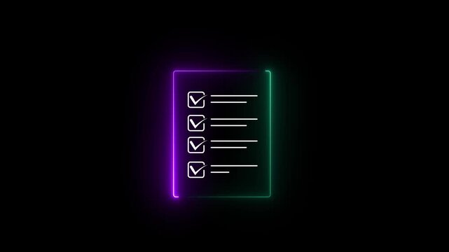 Glowing neon check list animated outline icon. Checklist line icon animation. document marking, mark icon. 4k motion video.