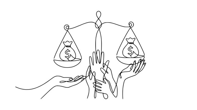 Continuous line drawing of scales of justice with money bags and diverse hands reaching up, symbolizing financial equality and fairness.