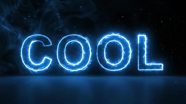 Glowing blue neon text spelling cool with electric fire and smoke effects on a dark background.