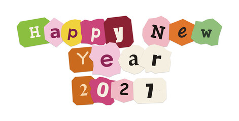 Happy new year 2021 text letters cut out collage with typography colorful greetings celebration © Al
