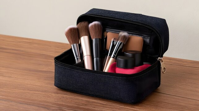 A black zippered makeup bag open on a wooden surface revealing brushes and cosmetic products inside