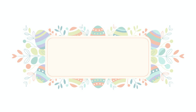 Elegant easter holiday banner template with blank message card framed by decorated colorful eggs and leaves.