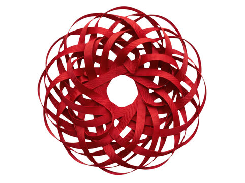 Complex woven red satin ribbon sphere isolated on transparent background