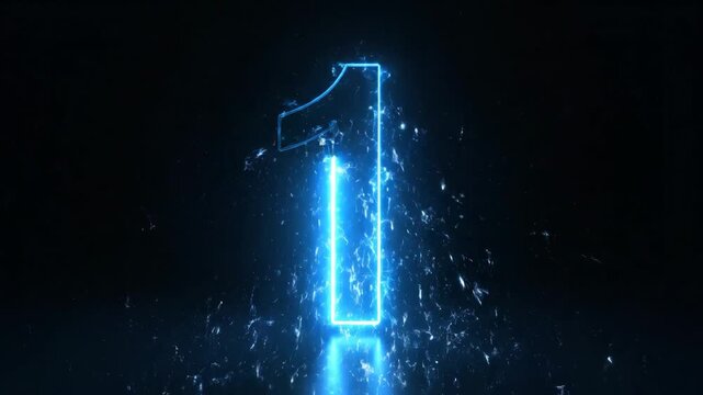 Glowing blue neon number one representing first place or a winner on a dark background.