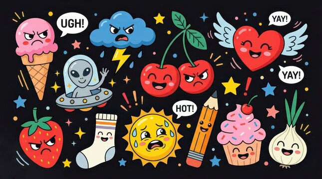 Colorful Kawaii Doodle Sticker Set Featuring Various Emotional Characters, Food, and Objects on a Black Background