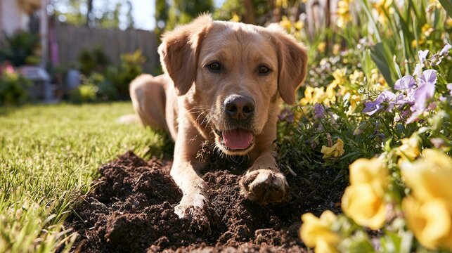 Joyful golden retriever dog digs with enthusiasm in a vibrant spring flower bed, surrounded by colorful blooms under bright daylight in a backyard garden setting