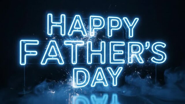 Glowing blue neon sign with Happy Fathers Day text and atmospheric smoke effects.