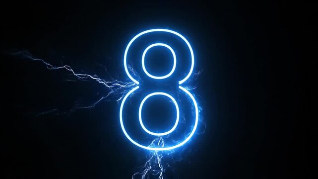 Glowing blue neon number eight with electric lightning effects on a dark background.