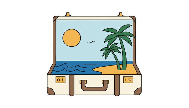 Vintage leather suitcase opening up to show a beautiful sunny tropical beach getaway scene inside.