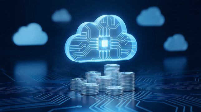 Digital cloud computing concept with microprocessor circuit board patterns floating above stacks of metallic coins representing financial technology and economic data storage.