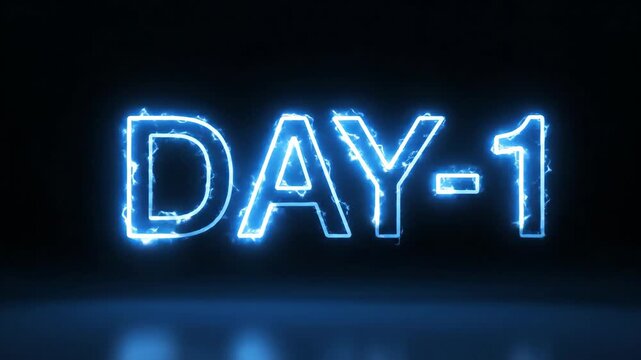 Glowing blue neon day one text on a dark background representing a new beginning or project launch.