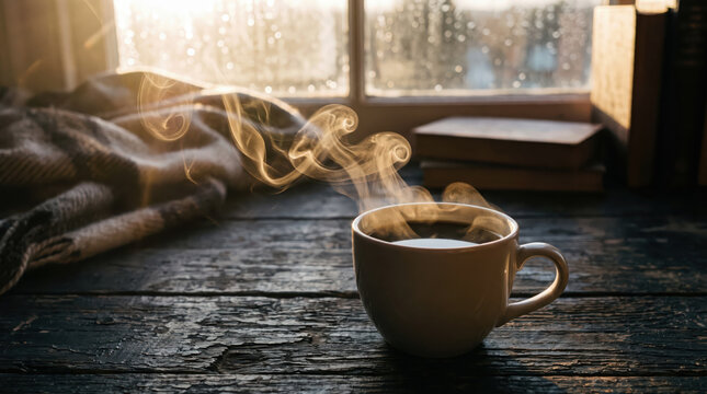 Steaming cup of hot coffee on rustic wooden windowsill by rainy morning window