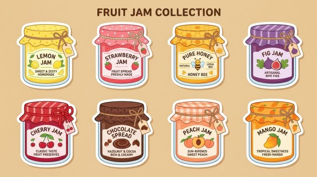 Flat Vector Illustration Set of Fruit Jam and Sweet Spread Jars with Labels and Decorative Lids for Packaging Design