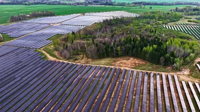 Aerial view of rows of photovoltaic solar panels installed in a rural landscape surrounded by green fields and forest patches in Latvia.