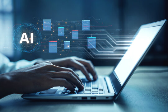 Futuristic software development concept featuring AI pair programmer, automated AI code generation, and real-time AI debugging. Ideal for DevOps and tech AI innovation. Corpus