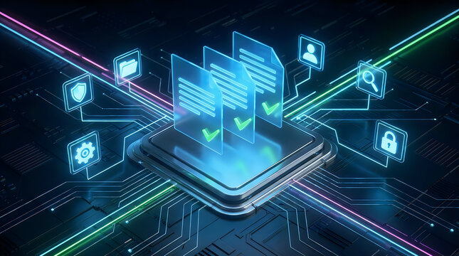 Digital data compliance documents on microchip background with neon glowing circuit lines used for secure information processing and verified digital governance in modern corporate systems.