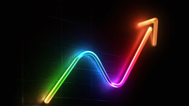 Vibrant neon arrow graph illustrates dynamic progress and growth, featuring a colorful line chart with an upward trend on a dark, textured background, symbolizing achievement, success, and digital adv