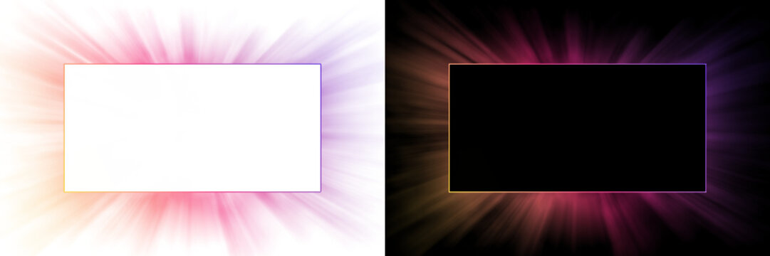 Glowing pink and purple neon banner frame with light rays on transparent background