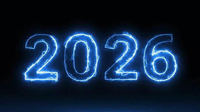 Glowing blue neon 2026 text on black background for new year and future technology concepts.