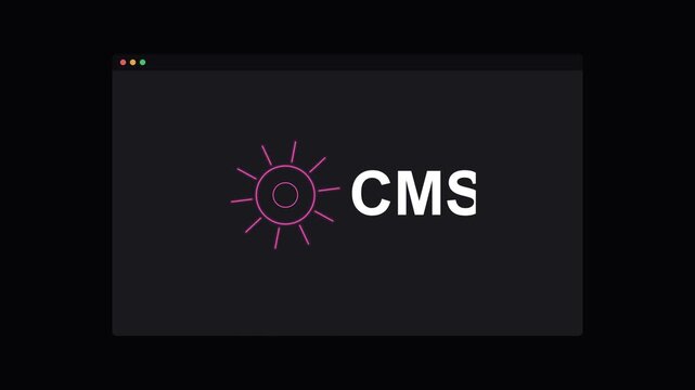 CMS content management system text with a rotating neon gear on a dark screen, magenta neon