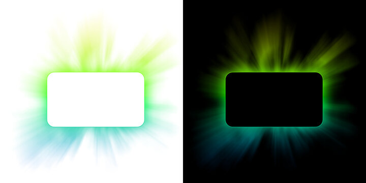 Glowing green and blue neon banner frame with light rays on transparent background
