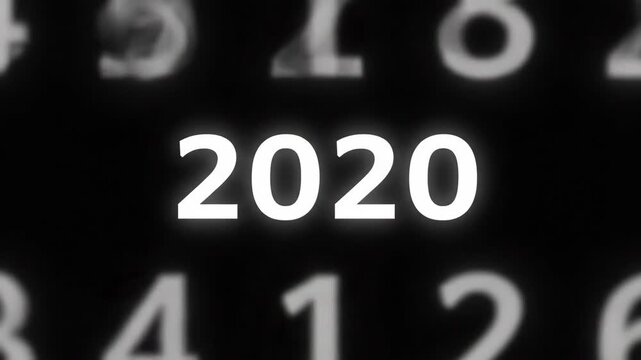 Glowing 2020 digits centered on a dark background with blurred numbers representing the passage of time.