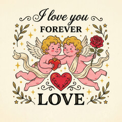 Obraz premium Vintage Style Valentine's Day Illustration with Two Cute Cherubs Holding a Heart and Rose with Romantic Text