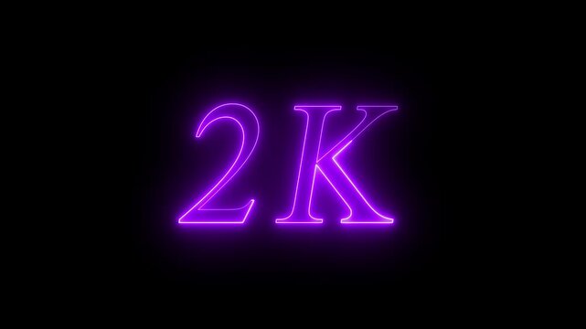 Glowing Purple Neon 2K Followers Social Media Milestone Celebration Text Overlay Animation Isolated on Dark Black Background - Futuristic 2000 Subscribers Achievement Counter Graphic Element