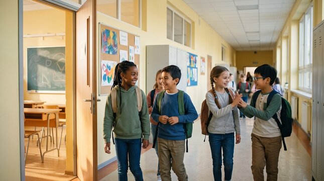 Diverse group of elementary school children walking down a bright school hallway with backpacks