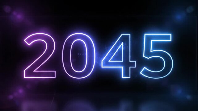Futuristic neon number 2045 glowing in blue and purple on a dark digital background.