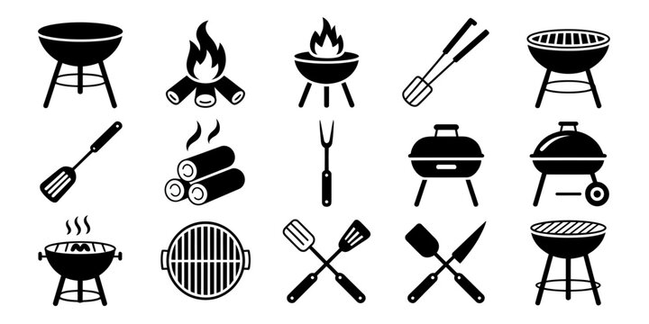 BBQ grill and barbecue tools icon set featuring grilling equipment, sausages, fire flames, cooking utensils, outdoor cooking, barbecue party symbols and editable vector illustrations.