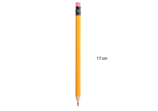 Yellow pencil with pink eraser measuring seventeen centimeters